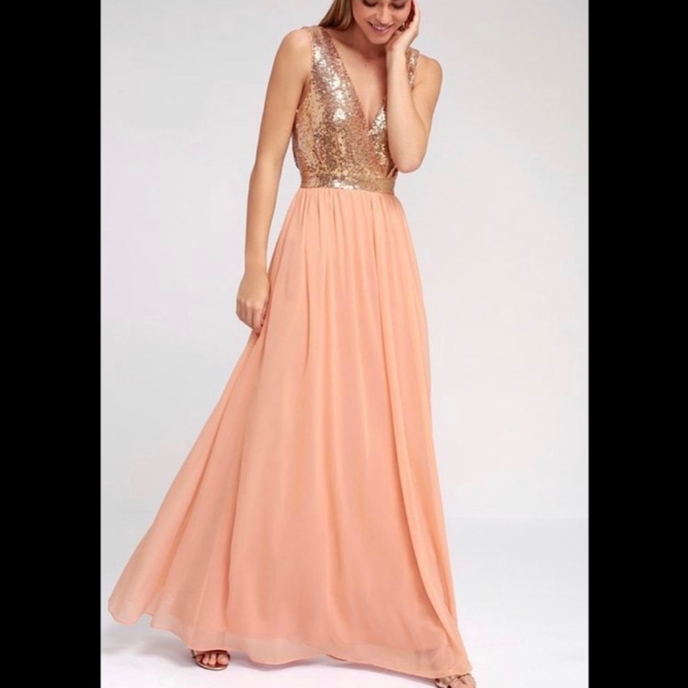 LuLu’s Elegant Encounter Rose Gold Sequin Maxi Dress - Size MD